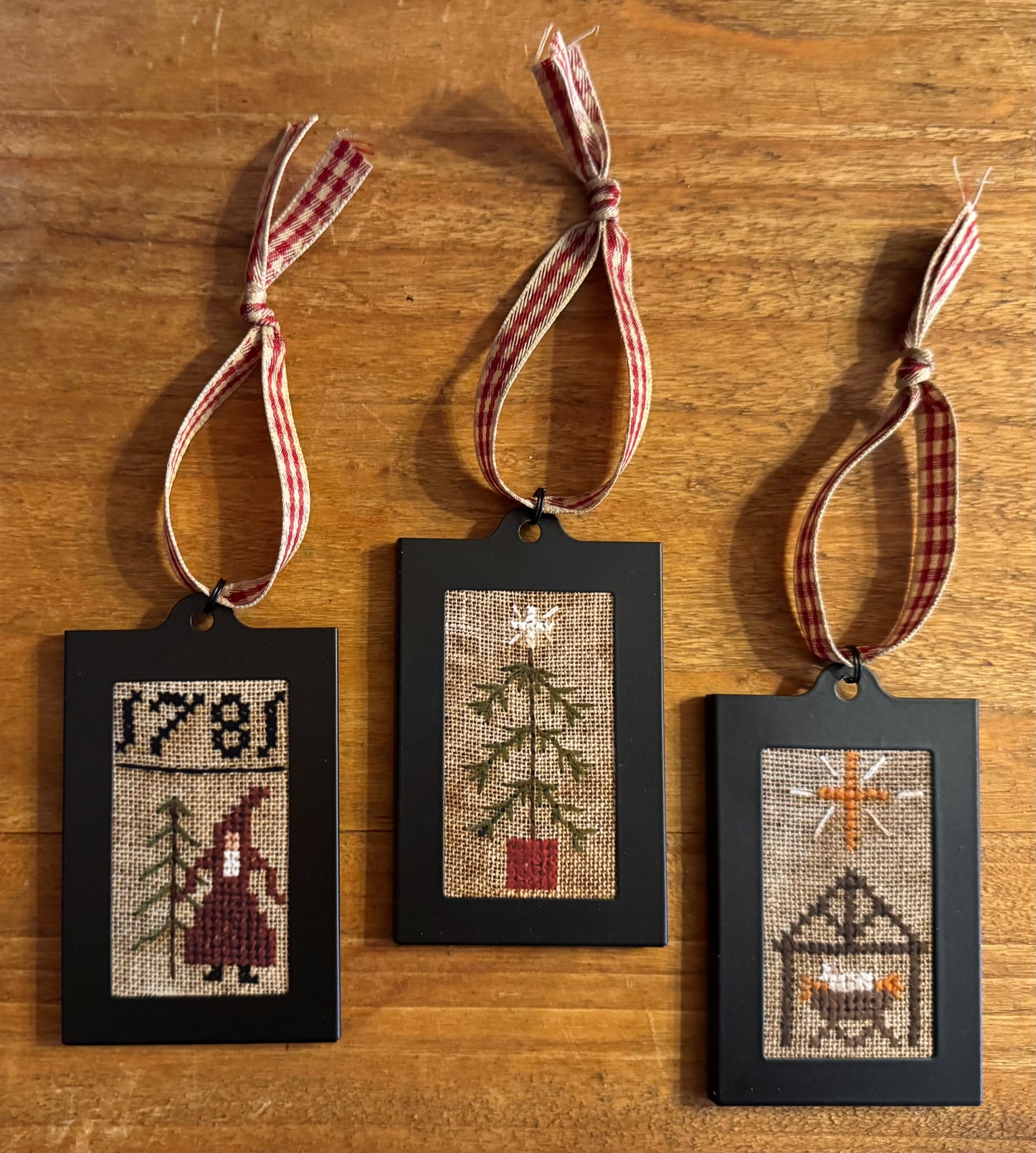 Primitive Christmas Sampler Ornaments - Vertical Set of 3