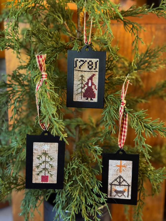Primitive Christmas Sampler Ornaments - Vertical Set of 3